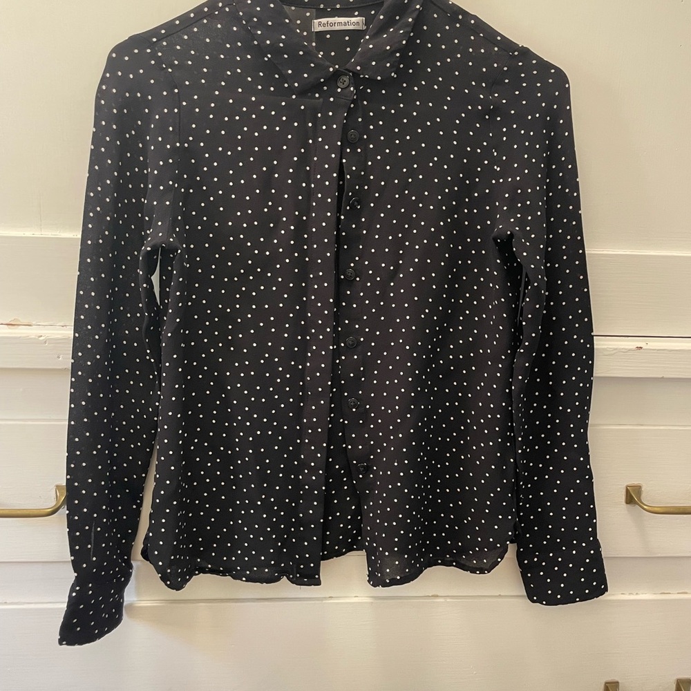 Reformation Black Polka Dot Button-Up Blouse, XS